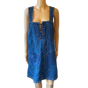 VTG Passo Overall Dress Women’s M Blue Denim Jean Pocket Knee Length Lace Up